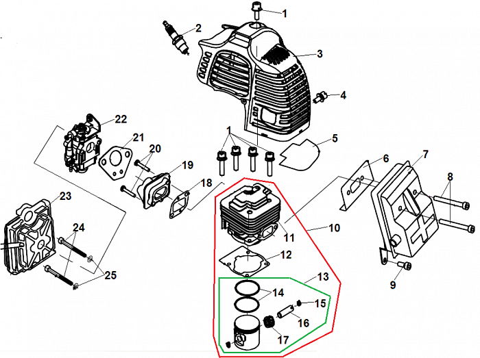 1 ПОРШЕНЬ - ЦИЛИНДР - СВЕЧА - КАРБЮРАТОР - ФИЛЬТР ТРИММЕР CHAMPION Т445-2