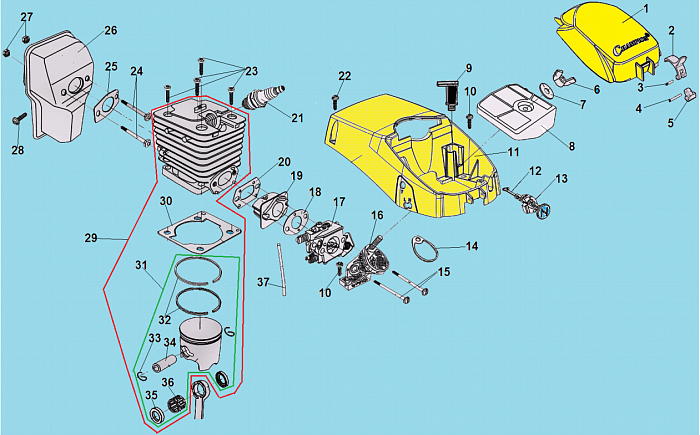 1 ПОРШЕНЬ - ЦИЛИНДР - СВЕЧА - КАРБЮРАТОР - ФИЛЬТР БЕНЗОПИЛА CHAMPION 241-16