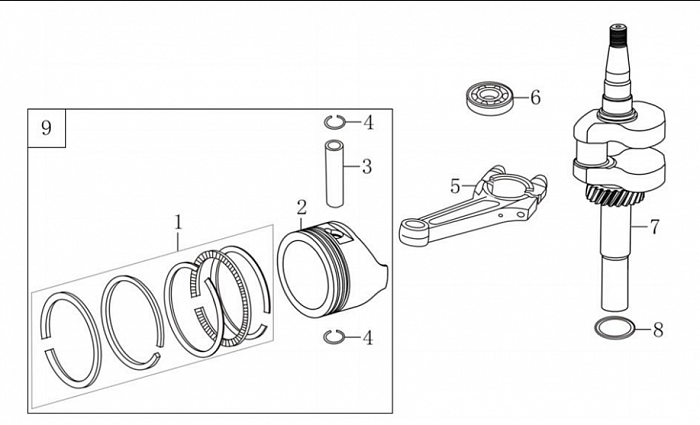 8 ПОРШЕНЬ - КОЛЕНВАЛ - КОЛЬЦА Газонокосилка CHAMPION LM5645