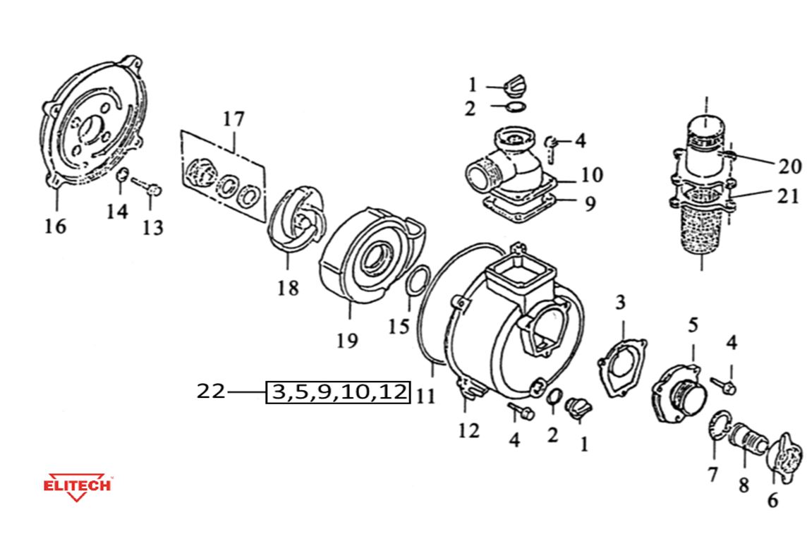 ЗАПЧАСТИ ДЛЯ МОТОПОМПЫ БЕНЗИНОВОЙ ELITECH МБ 1600 Д 10 (НАСОС)