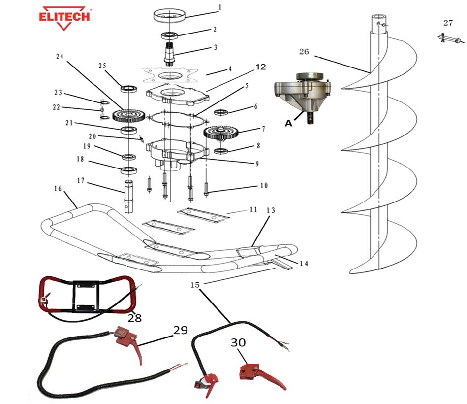 ЗАПЧАСТИ ДЛЯ МОТОБУРА БЕНЗИНОВОГО ELITECH БМ 70В (РЕДУКТОР, РУКОЯТКА)