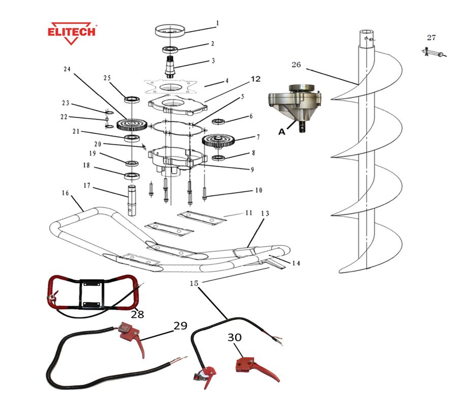 ЗАПЧАСТИ ДЛЯ МОТОБУРА БЕНЗИНОВОГО ELITECH БМ 70В (2020 ГОД) (РЕДУКТОР, РУКОЯТКА)