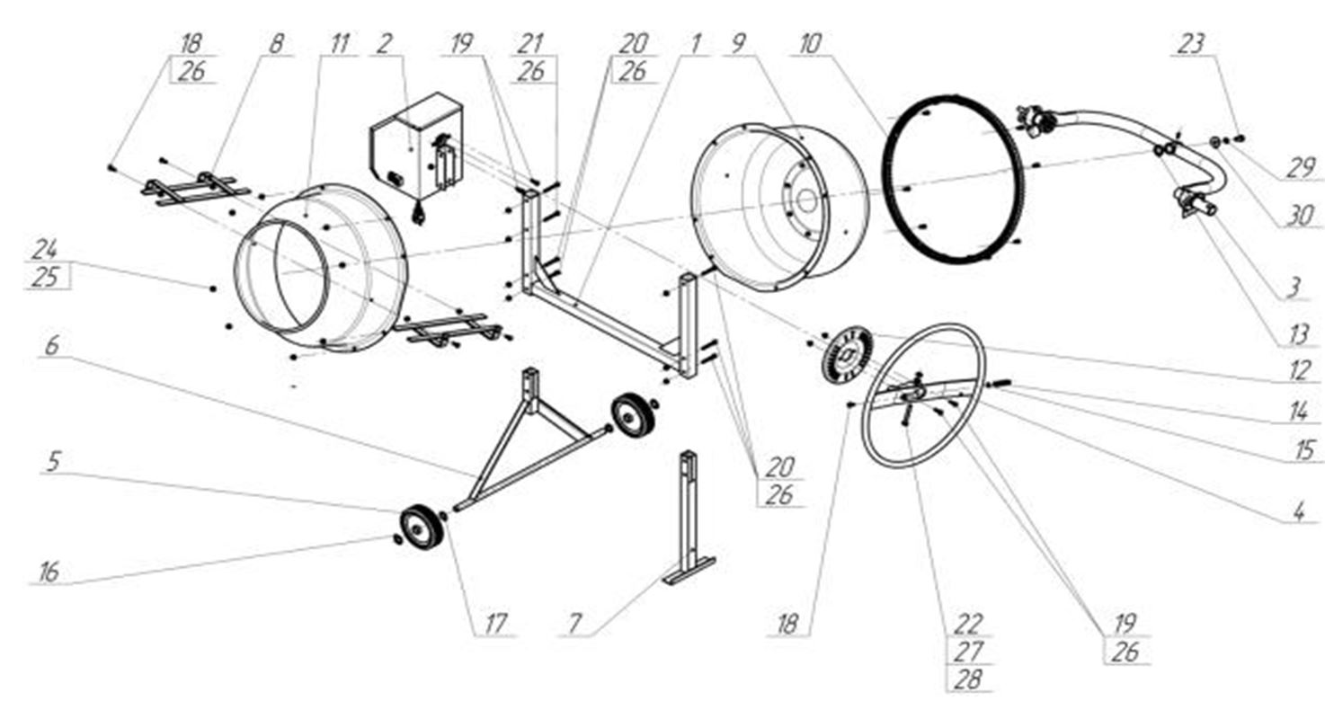 ЗАПЧАСТИ ДЛЯ БЕТОНОСМЕСИТЕЛЯ ЭЛЕКТРИЧЕСКОГО ELITECH Б 120Н (2017 ГОД) (ОБЩАЯ)
