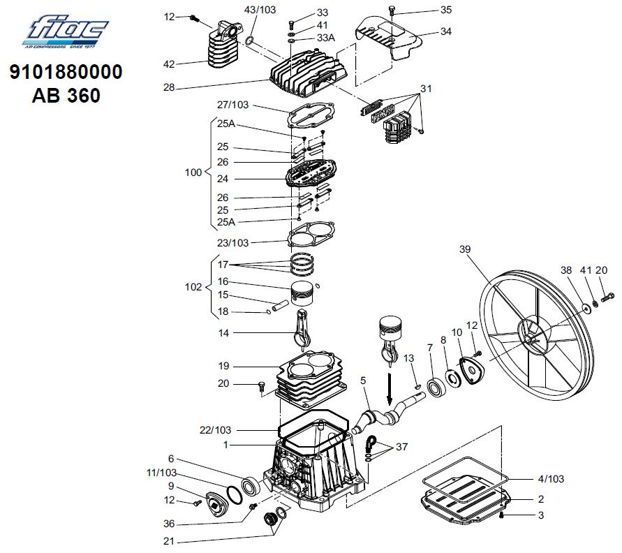 ЗАПЧАСТИ ДЛЯ КОМПРЕССОРА ПОРШНЕВОГО ELITECH KP100/AB360/2.2 (С 10.2015 ГОДА) (ДЕТАЛИРОВКА БЛОКА ПОРШНЕВОГО)