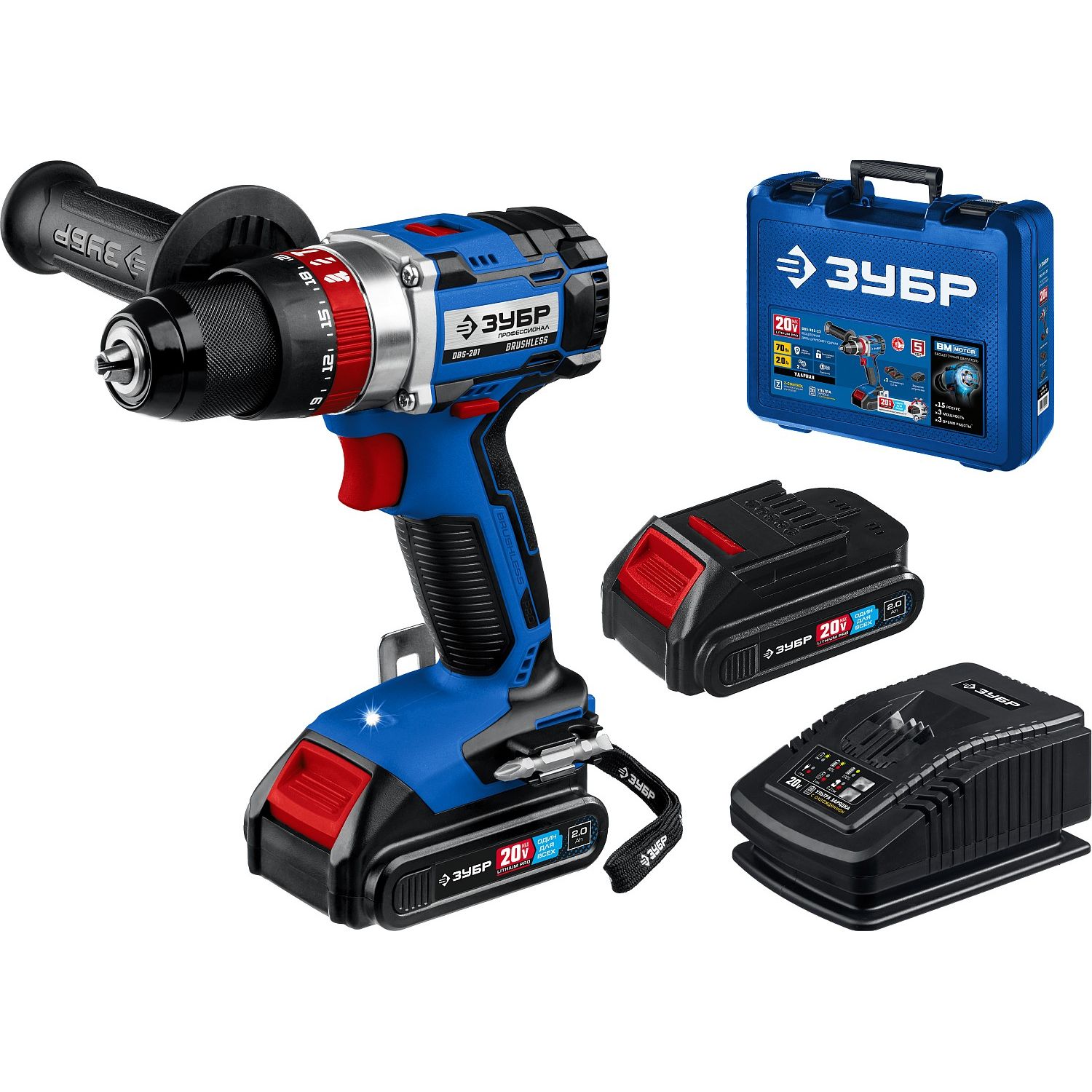 Бесщеточная дрель-шуруповерт ударная, 2 АКБ (2 Ач), в кейсе DBS-201-22
